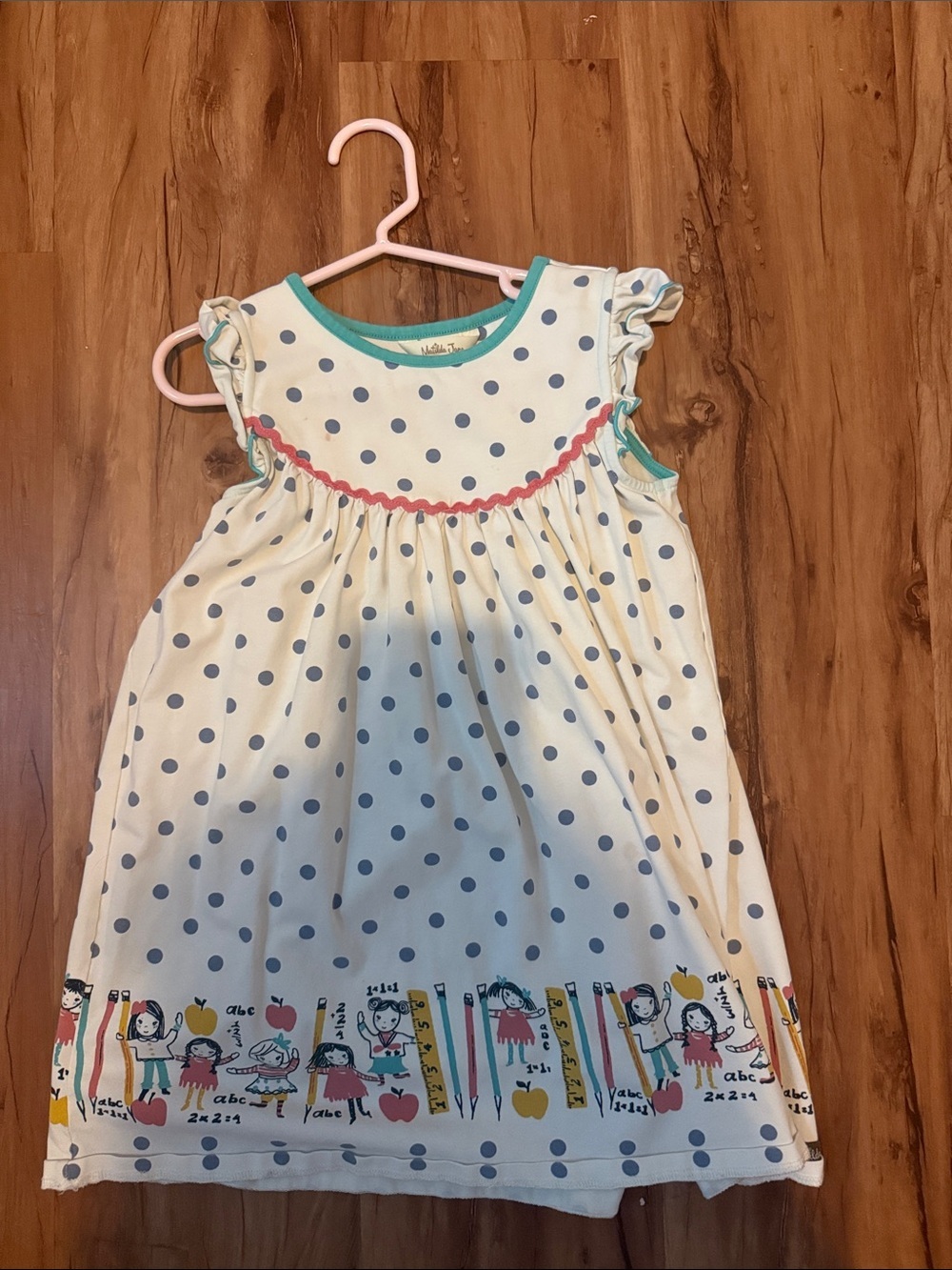 Matilda Jane Girls' Cream Polka Dot Schooltime Sundress with Teal Trim